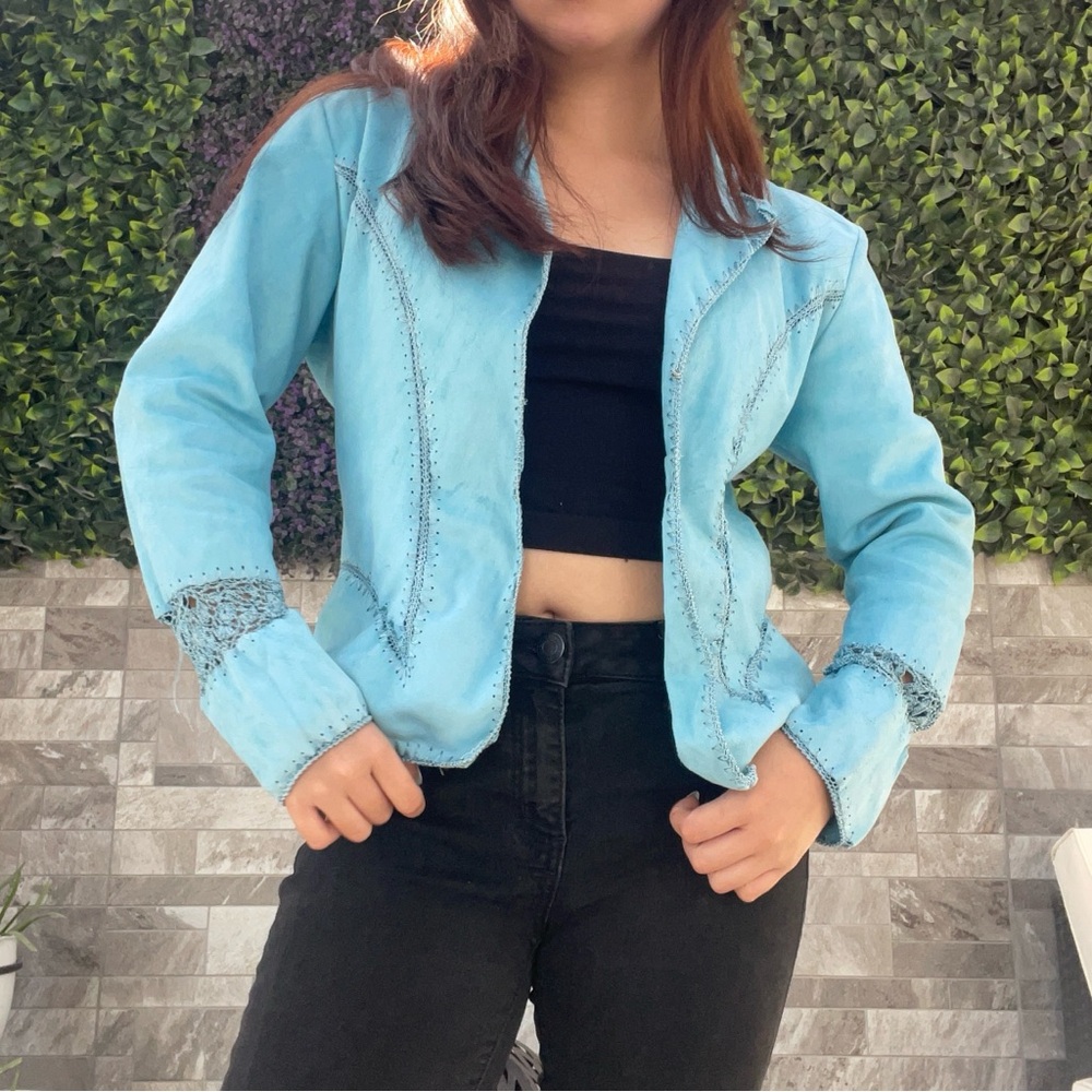 Blue Textured Blazer with Open Front Design